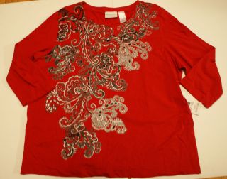 Alfred Dunner Shirt Size Medium M Red w Silver Paisley Print Top Notch 