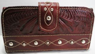AMERICAN WEST WOMANS BROWN HAND TOOLED LEATHER CLUTCH WALLET PURSE NWT