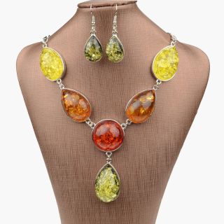    Silver Nature Amber Gem VTG Necklace Pendant Earring Sets A2151K