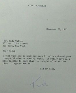 Kirk Douglas Signed Letter Autograph to Rudy Vallee