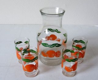 Vintage Anchor Hocking 4 Oranges Orange Juice Glasses Carafe Pitcher 