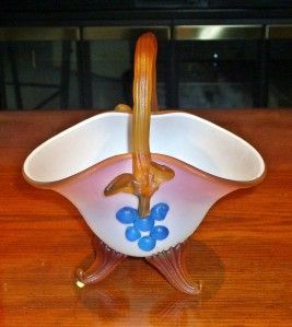   Cased Glass Basket Applied Amber Handle and Feet Blueberries