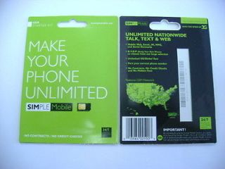 NEW SIMPLE MOBILE SIM CARD ACTIVATION KIT FACTORY SEALED IPHONE 4 4S 