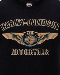 Harley Davidson Mens Official 110th Anniversary Wings Logo Black Biker 