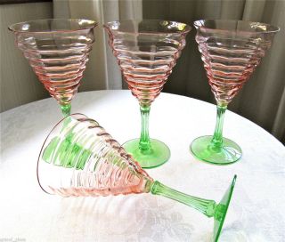 Antique Pink Green Watermelon Optic Glass Wine Water Goblets CA 1930 