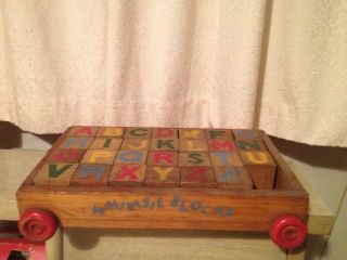    Vintage Whimsie Wooden Blocks in Pull Along Wagon Childrens Toy Set