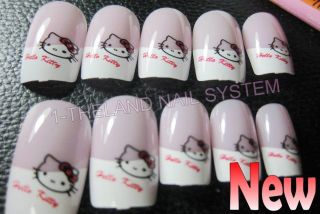 24Pcs+Glue French Acrylic Nail Art Full Tips (Cute Hello Kitty In Pink 