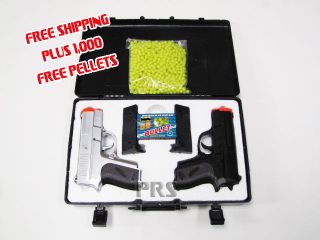 Airsoft Dual Pistol 2 pack Kit With 1000 Free Pellets BBs In Gun Case 