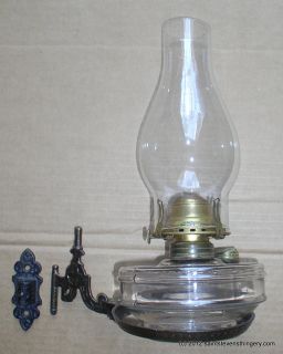 Antique Cast Iron Wall Bracket Oil Lamp, Chimney, Burner, Font