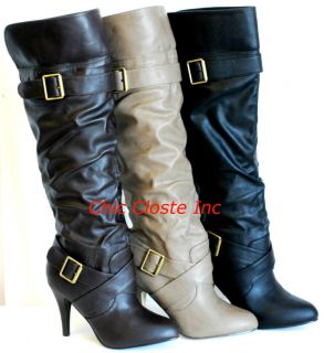 NEW Faux Leather TALL Over Knee High Boots Stilettos Heel Buckle 