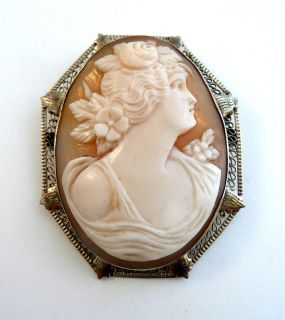 Antique Victorian 14k White Gold Filigree Carved Shell Cameo Pin 