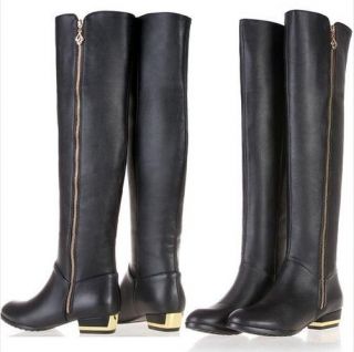 Women Black Geniune Leather Zipper Over The Knee High Riding Boots 
