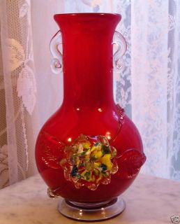 Antique Cased Art Glass Vase Deep Red Floral Rose Old Vintage