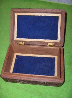 Vintage Hand Carved Teak Wood Trinket Jewelry Box Brass Inlay Hinged 