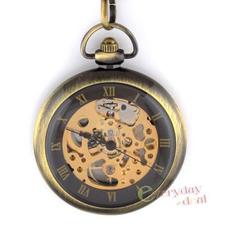 Antique Steampunk Pocket Watch Gold Mechanical Skeleton Clock 