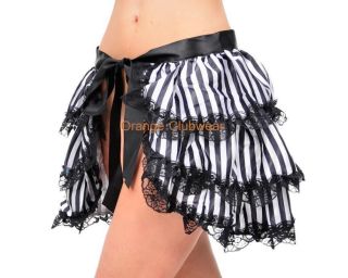 Sexy Burlesque Lace Trim Tiered Ruflle Striped Satin Bustle Open Front 