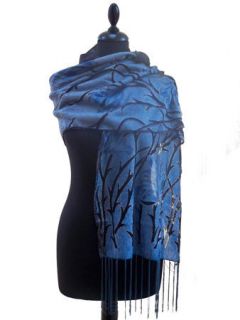 Scarf Blue Teal Silk   flower pattern   Ladies Shawl Thai wrap Free 