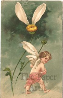 little angel big flower antique vintage french lithograph postcard 