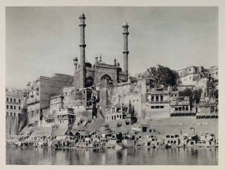 1928 Ghat Ganges River Aurangzeb Mosque Varanasi India   ORIGINAL 