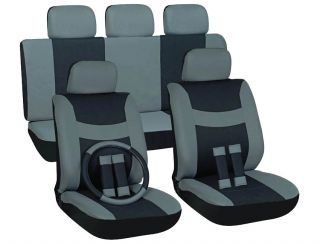 16pc Set Gray Black SUV Auto Car Seat Covers + Steering Wheel Belt Pad 