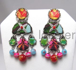 Ayala Bar Colorful Madras Dangle Earrings w Crystal Post Hip 2012 