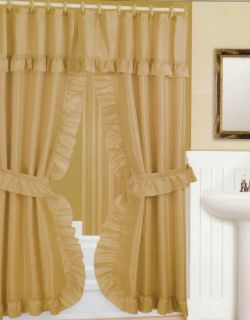 Taupe Double Swag Fabric Bathroom Shower Curtain Attached Valance 