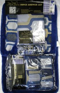 18pc Bathroom Set Blue Blocks Shower Curtain Bath Mats Rugs Towels New 