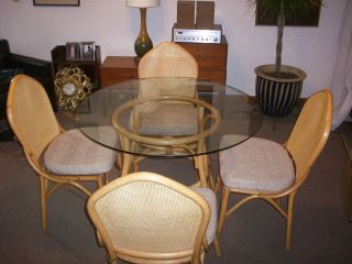    Rattan Mid Century Modern Rattan Bamboo Cane Dining table 4Chairs