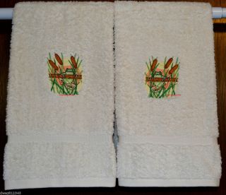 Frog Cattails 2 Embroidered Bath Hand Towels