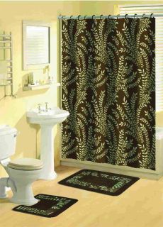   Ferns Floral 15 Pcs Shower Curtain w Hooks Bathroom Rug Set