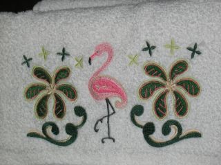 Embroidered Flamingo and Paisley White Bath and Hand Towel Set