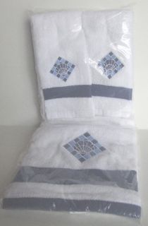 Towel Set 3 Pieces Bath Towel 2 Hand Towels White with Blue 100 Cotton 