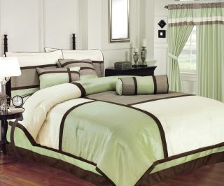   Faux Silk Sage Brown Beige Patchwork Comforter Set Bed in a Bag Queen