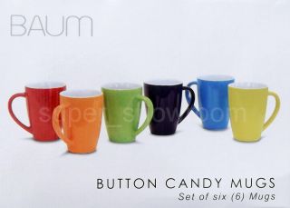 New Set of Six 14 5 oz Stoneware Baum Button Candy Mugs Multi Color 