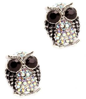 Big Eye Owl Earrings Black Amber Crystals BB Rhodium Studs Adorable 