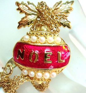   Pretty Red Gold Christmas Noel Bell Necklace Estate Jewelry