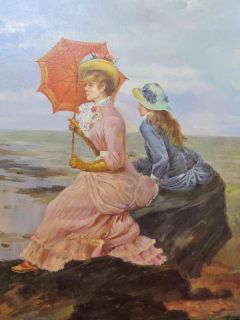   Wall Art Oil on Canvas Painting Beach Woman w Red Parasol Yqz