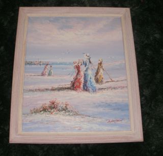   Painting Oil Canvas Framed Ladies Women at Beach Victorian