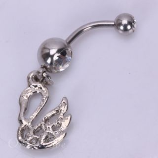   Navel Belly Button Ring Clear Rhinestone Swan Pendant Piercing Jewelry