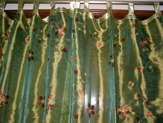 Green Sari Embroidered Sheer Curtain Mirror Work India Curtain Drape 