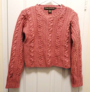 INIS CRAFTS Made in Ireland 100% Merino WOOL Cable Knit Sweater PINK 