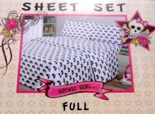4pc Pink Cookie Gothic Girl Skull Crossbone Roses Full Size Bed Sheet 