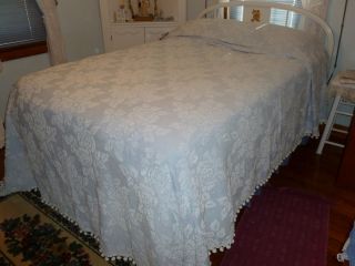 Vintage Chenille Bedspread Blue & White Floral with Pom poms Double 