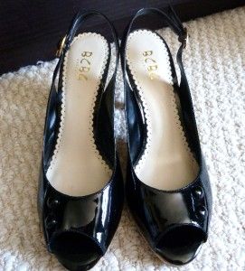 BCBG Paris Black Patent Peep Toe Slingback Cork Shoes 9
