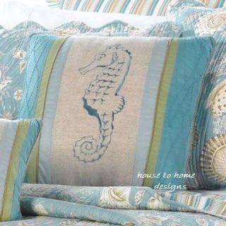 Natural Shell Aqua Beach Seahorse Accent Pillow