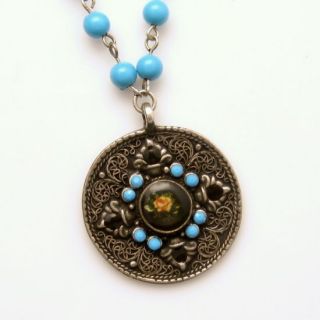 Vintage Large Round Celtic Pendant Aqua Black Beads Long Necklace