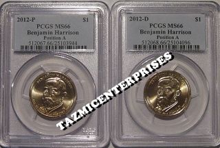 2012 P D Benjamin Harrison Dollar 2 Coin Set PCGS MS66 Position A