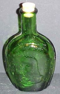 Benjamin Franklin embossed green glass liquor flask bottle w cork 
