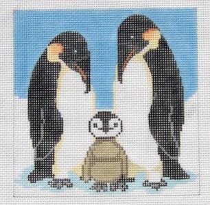 Edie & Ginger Penguin Family handpainted HP Needlepoint Canvas on 10 