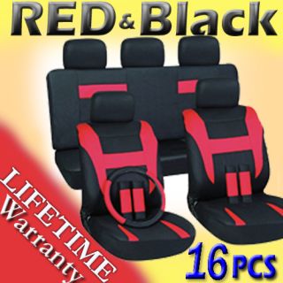 16pc Set Red Black Auto Car Seat Covers Free Steering Wheel Belt Pads 